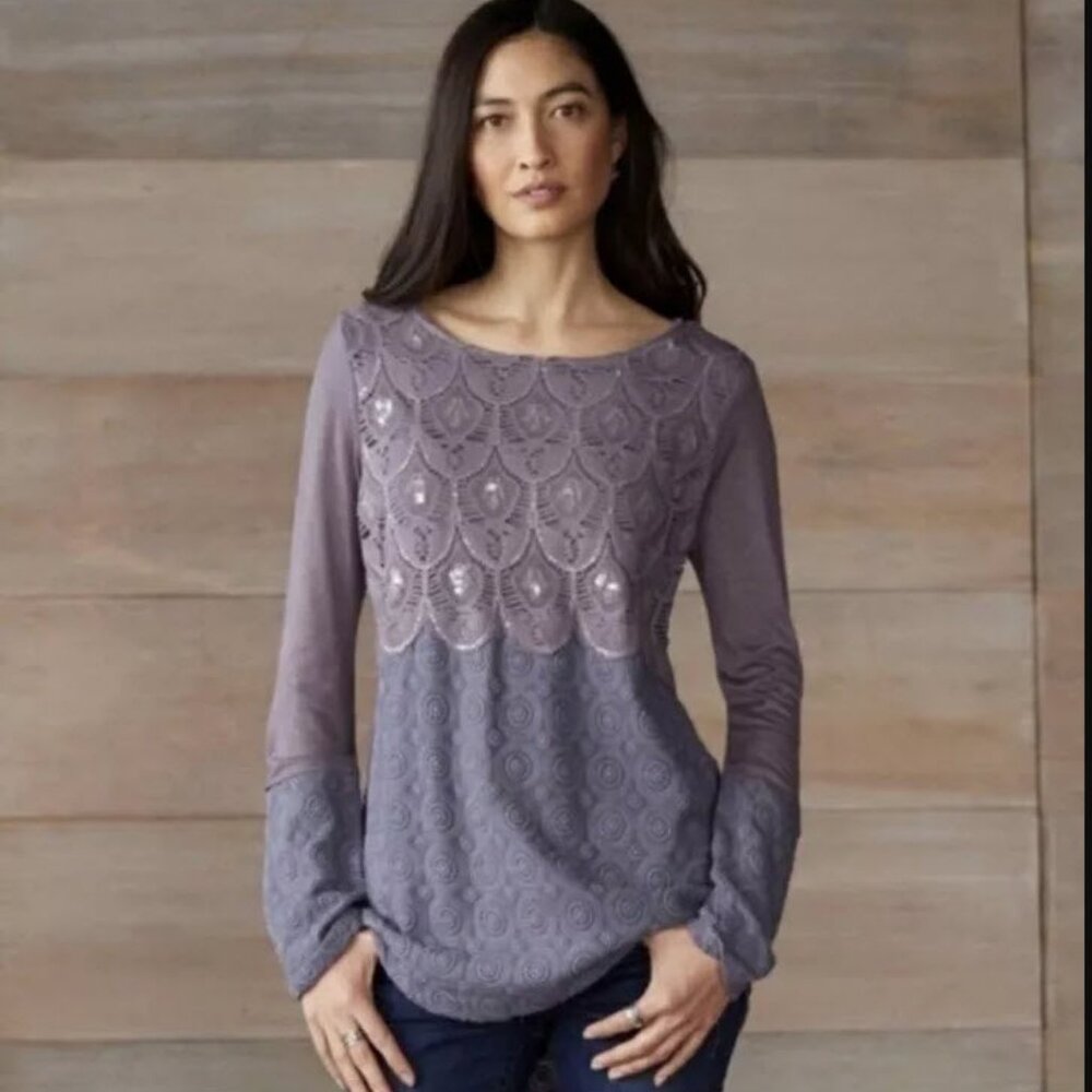 Sundance Gray purple Embroidered Sequin Hi Low Tunic Top Size Small